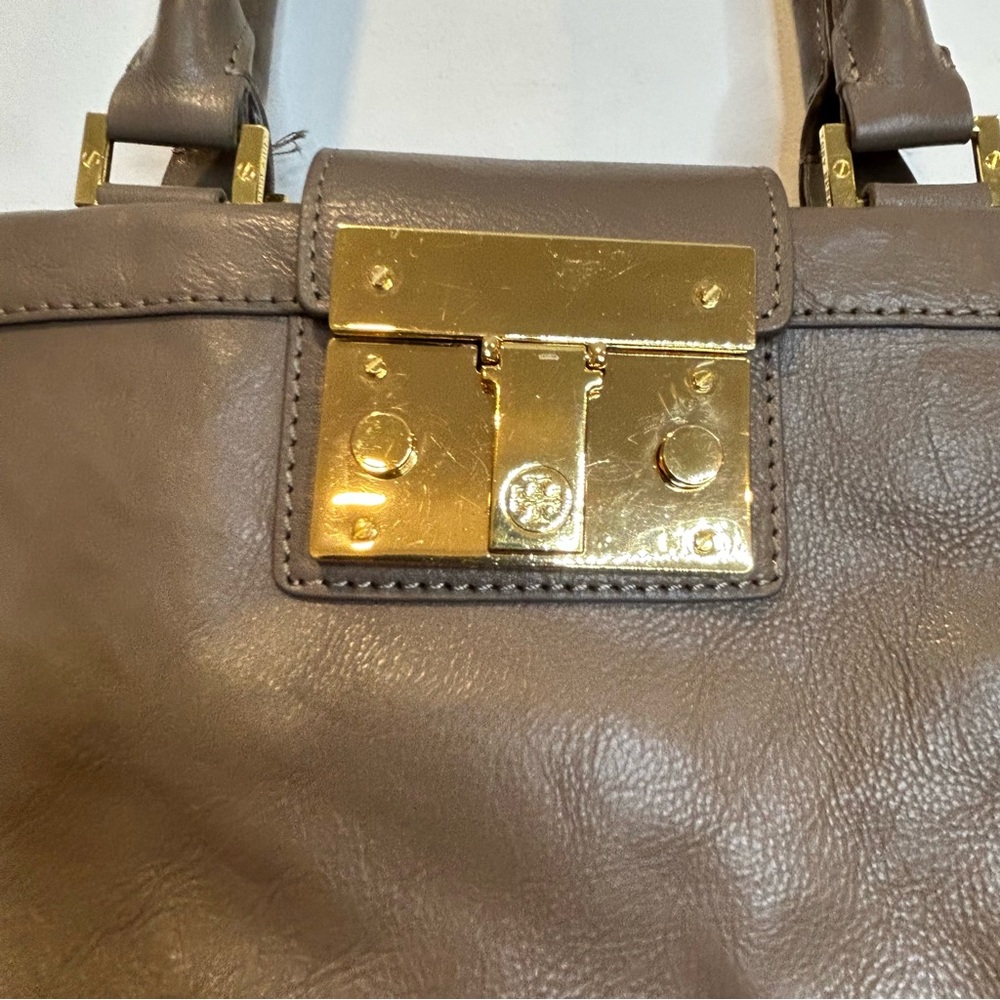 Tory Burch Holland Grey Leather Satchel Bag Zip Purse  Crossbody Strap - Picture 3 of 6